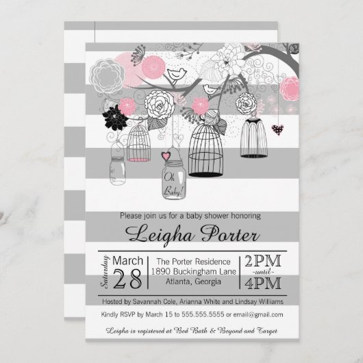 ピンクの黒い灰色の鳥籠及び瓶の女の子のベビーシャワー 招待状 (正面/裏面)