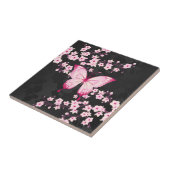 ピンクの黒い蝶とさくらんぼの花 タイル (側面)