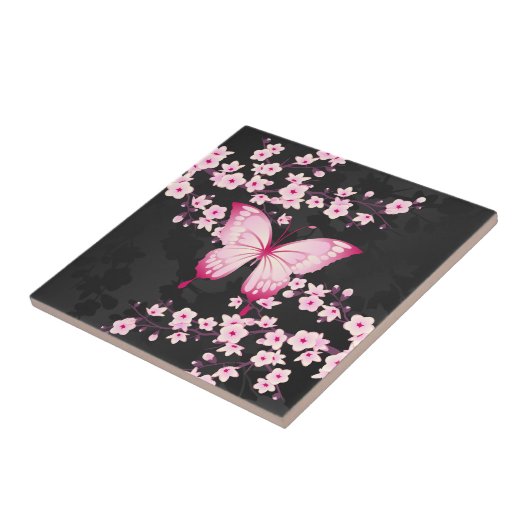 ピンクの黒い蝶とさくらんぼの花 タイル (側面)