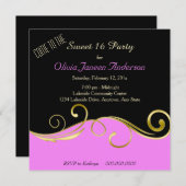 ピンクの黒い金ゴールドの渦巻の菓子16のパーティの招待状 招待状 (正面/裏面)