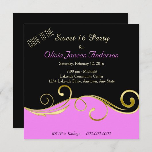 ピンクの黒い金ゴールドの渦巻の菓子16のパーティの招待状 招待状 (正面/裏面)
