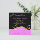 ピンクの黒い金ゴールドの渦巻の菓子16のパーティの招待状 招待状 (スタンド正面)