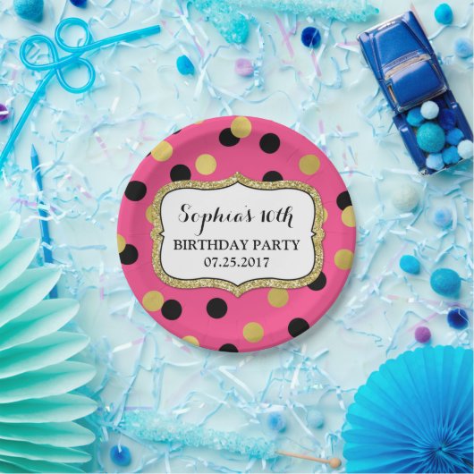 ピンクの黒い金ゴールドの紙吹雪の誕生会のプレート ペーパープレート (パーティー)