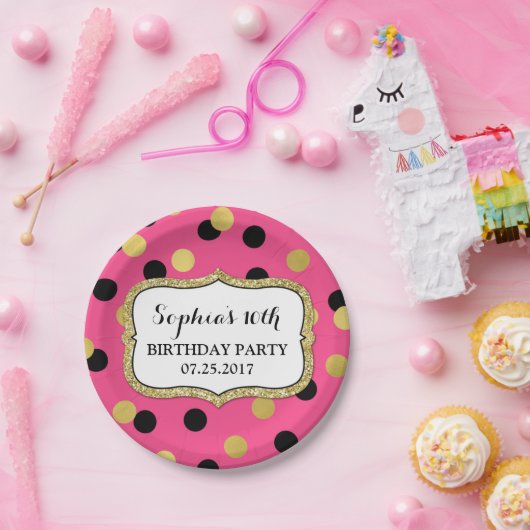 ピンクの黒い金ゴールドの紙吹雪の誕生会のプレート ペーパープレート (パーティー)