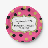 ピンクの黒い金ゴールドの紙吹雪の誕生会のプレート ペーパープレート (正面)