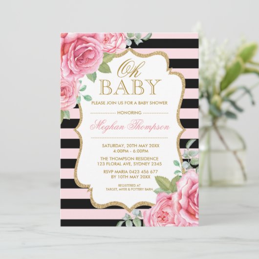 ピンクの黒い金ゴールドの花柄のばら色の女の子のベビーシャワー 招待状 (スタンド正面)