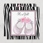 ピンクの黒い靴 ピンクのシマウマ 赤ちゃん女の子のシャワー 招待状 (正面/裏面)