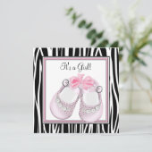 ピンクの黒い靴 ピンクのシマウマ 赤ちゃん女の子のシャワー 招待状 (スタンド正面)