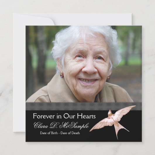 ピンクの黒い鳩の女性写真の葬儀のお知らせ 招待状 (正面)