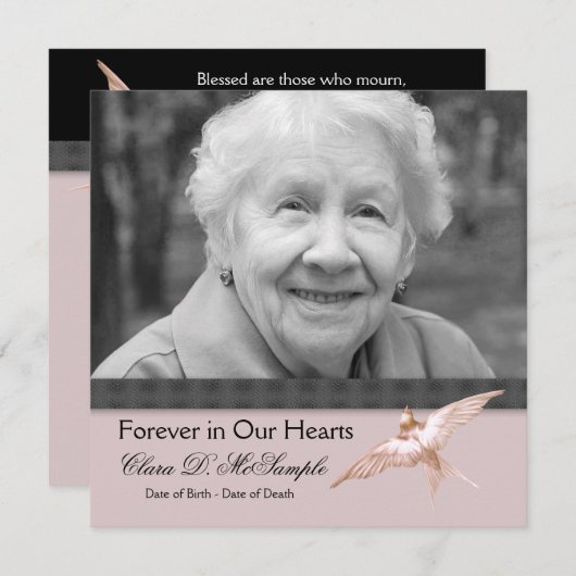 ピンクの黒い鳩の女性写真の葬儀のお知らせ 招待状 (正面/裏面)