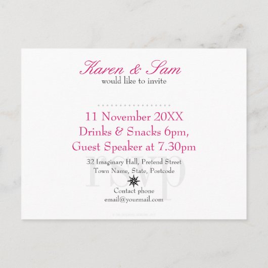 ピンクの黒くモダンなファンクのパーティの招待状のテンプレート インビテーションポストカード (裏面)