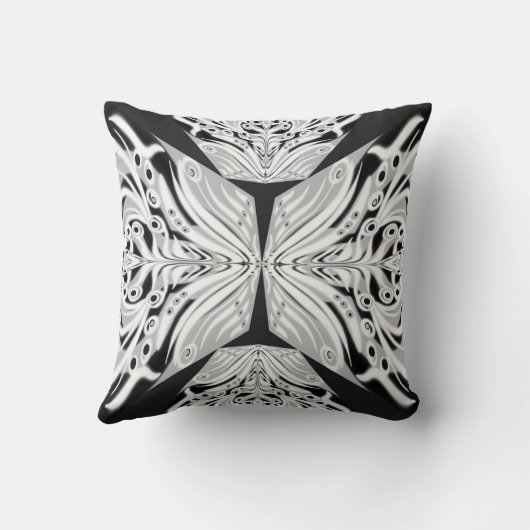 ピンクの黒と白の蝶の翼のある抽象芸術 クッション (裏面)