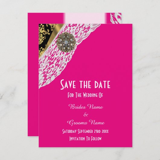 ピンクの黒と金ゴールドの白のレースは日付を保存 案内ポストカード (正面/裏面)