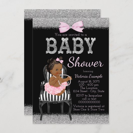 ピンクの黒と銀の民族少女の赤ちゃんシャワー 招待状 (正面/裏面)
