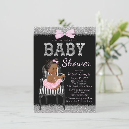 ピンクの黒と銀の民族少女の赤ちゃんシャワー 招待状 (スタンド正面)