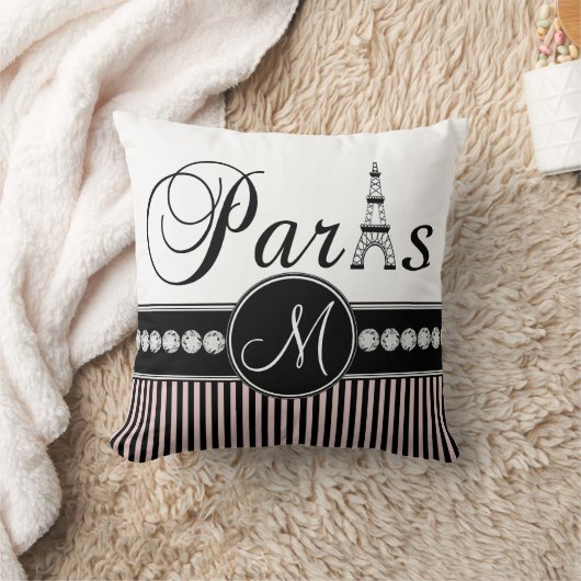ピンクの黒のストライプのパリのモノグラムの枕 クッション (ブランケット)