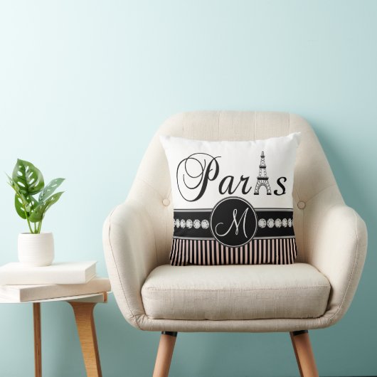 ピンクの黒のストライプのパリのモノグラムの枕 クッション (椅子)
