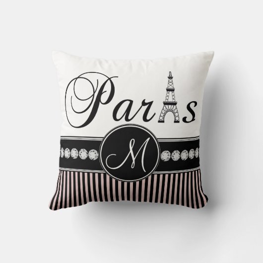 ピンクの黒のストライプのパリのモノグラムの枕 クッション (裏面)