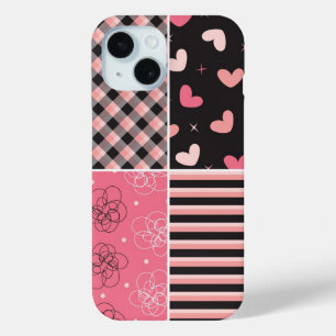 ピンクの黒のハートストライププレイドスクライブパターン iPhone 15ケース