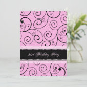 ピンクの黒の渦巻の第21バースデーパーティ招待状 招待状 (スタンド正面)