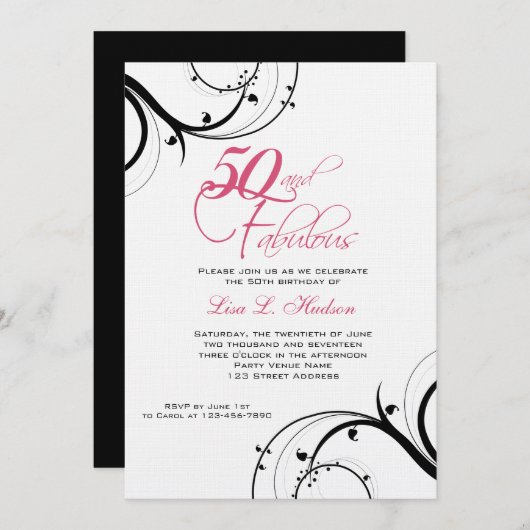 ピンクの黒の渦巻第50およびすばらしい! 誕生日 招待状 (正面/裏面)