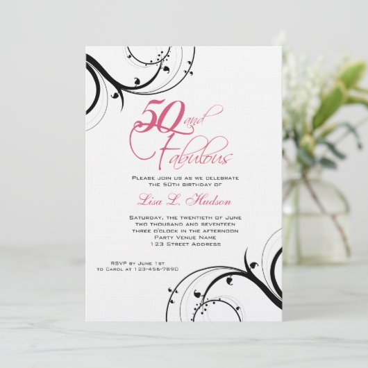 ピンクの黒の渦巻第50およびすばらしい! 誕生日 招待状 (スタンド正面)