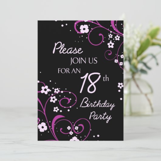 ピンクの黒の第18誕生日のパーティの招待状カード 招待状 (スタンド正面)