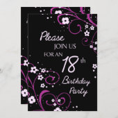 ピンクの黒の第18誕生日のパーティの招待状カード 招待状 (正面/裏面)