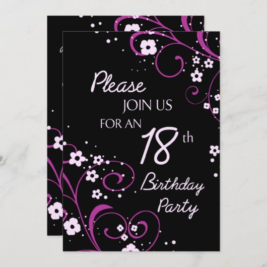 ピンクの黒の第18誕生日のパーティの招待状カード 招待状 (正面/裏面)