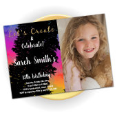 ピンクの黒の色絵を描の誕生日（写真） 招待状