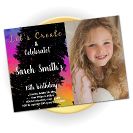 ピンクの黒の色絵を描の誕生日(写真) 招待状