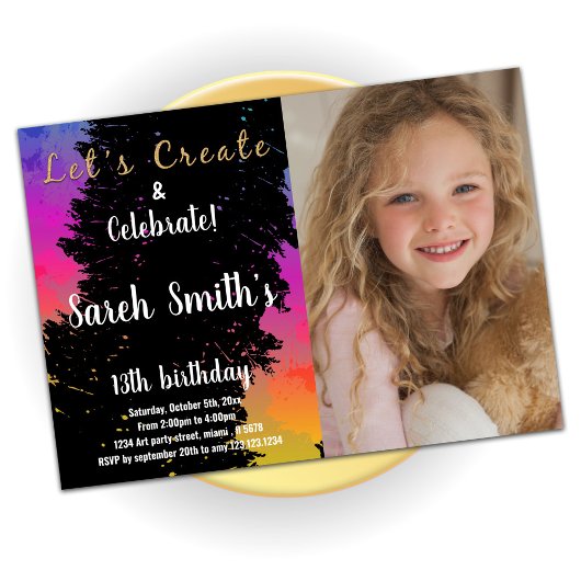 ピンクの黒の色絵を描の誕生日(写真) 招待状