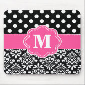 ピンクの黒はダマスク織のモノグラムのマウスパッドに点を打ちます マウスパッド (正面)