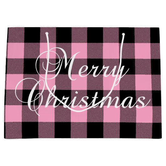 ピンクの黒シェブロンバッファロープレイドメリークリスマス ラージペーパーバッグ (正面)