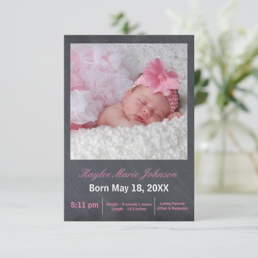 ピンクの黒板の写真- 3x5誕生の発表 案内状 (スタンド正面)