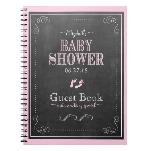 ピンクの黒板の足跡のベビーシャワーの来客名簿 ノートブック (正面)