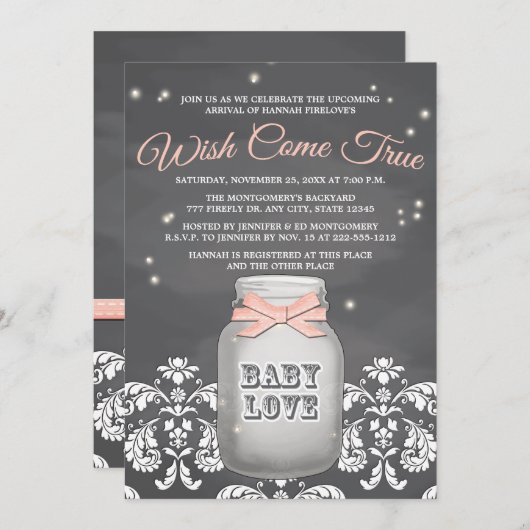ピンクの黒板ホタルのメイスンジャーの赤ちゃんシャワー 招待状 (正面/裏面)