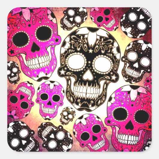 ピンクの黒糖スカルグランジスクエアステッカー スクエアシール (正面)