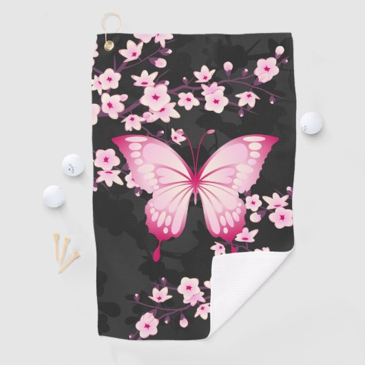 ピンクの黒蝶とさくらんぼの花 ゴルフタオル (インサイチュ)