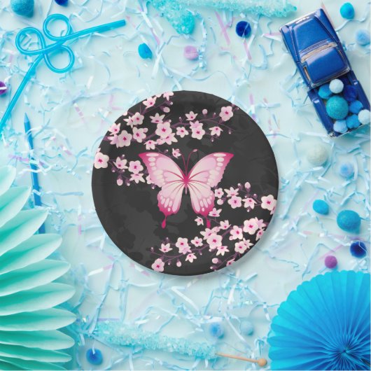 ピンクの黒蝶とさくらんぼの花 ペーパープレート (パーティー)