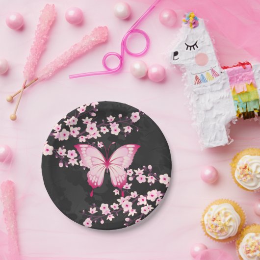 ピンクの黒蝶とさくらんぼの花 ペーパープレート (パーティー)