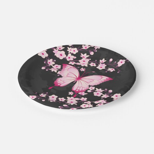 ピンクの黒蝶とさくらんぼの花 ペーパープレート (アングル)