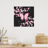 ピンクの黒蝶とさくらんぼの花 ポスター (キッチン)