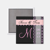 ピンクの黒銀花嫁レースの結婚マグネット マグネット (正面/裏面)