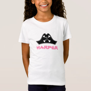 ピンクの黒 + 白人の女の子の海賊誕生日 Tシャツ