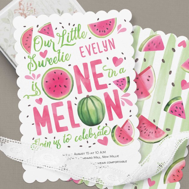 ピンクの1つメロン、夏のフルーツかわいい女の子1st (Summer Bright Pink Watercolor One In a Melon, Watercolor Themed Girl 1st Birthday Invitation.)