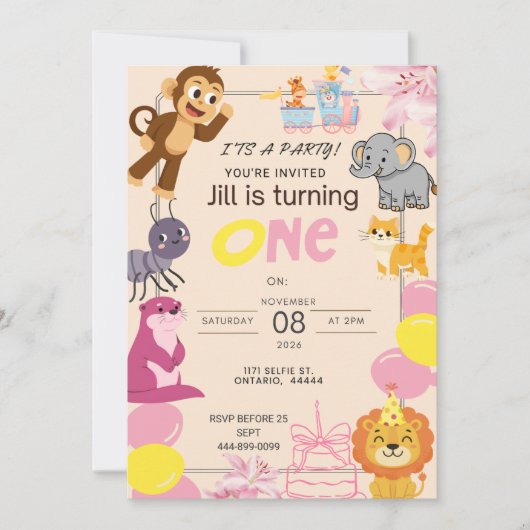 ピンクの1歳の誕生日 招待状 (正面)