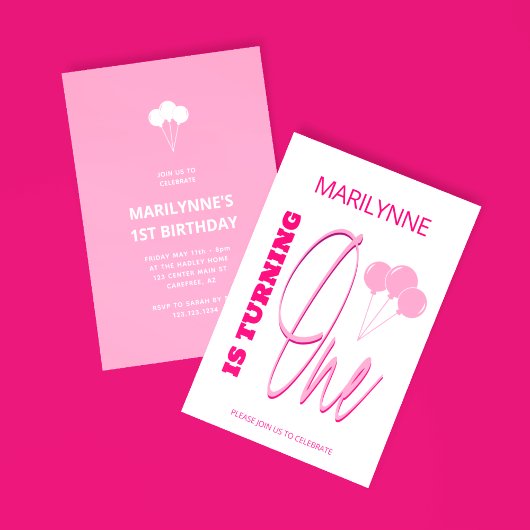 ピンクの1歳の誕生日 招待状