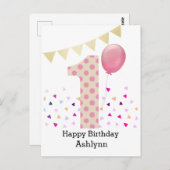 ピンクの1歳誕生日ガール ポストカード (正面/裏面)