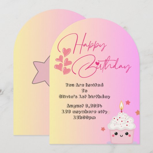 ピンクの1歳誕生日女の子の招待状 招待状 (正面/裏面)